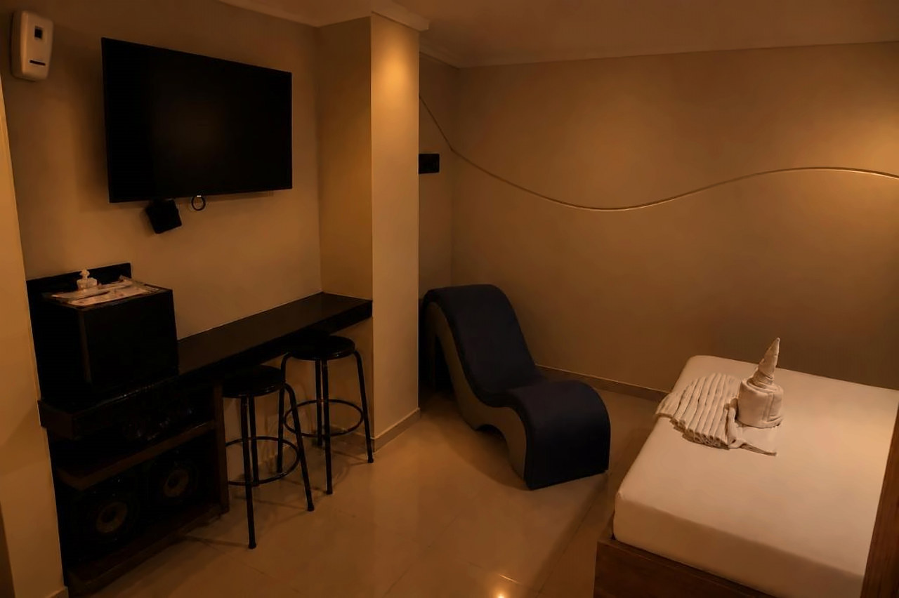 Sala de la Suite Sabores con televisor, barra y sillón tántrico