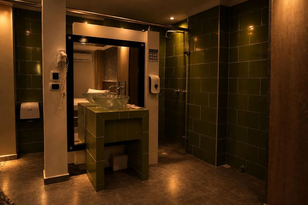 Baño de la Habitación Sencilla con lavamanos de vidrio y ducha